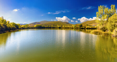 Fototapeta na wymiar Panoramic view of Lake Carucedo next to Las Médulas Nature Park, Castilla y Léon, Spain