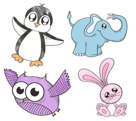 Cute baby animals Set. Baby elephant. Baby bunny. Baby owl. Baby penguin. Watercolour animals. Nursery. Kids drawing. Hand drawn. 
