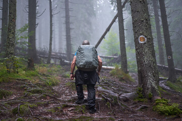 Photographer with heavy backpack and camera in the forest