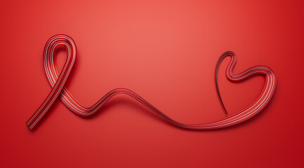 Red ribbon on a red background Realistic red ribbon, world aids day symbol, 3d illustration