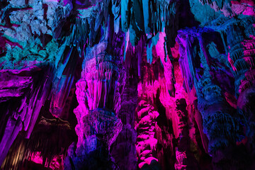Saint Michael's Cave with colorful lights. Natural Rock Formation. Gibraltar, UK. Nature Background