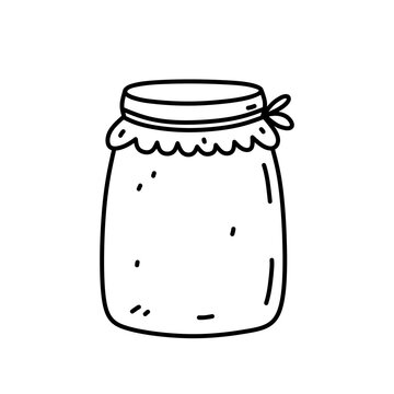 Cute glass jar for jam isolated on white background. Vector hand-drawn illustration in doodle style. Perfect for decorations, logo, various designs.