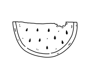 Slice of watermelon isolated on white background. Organic healthy food. Vector hand-drawn illustration in doodle style. Perfect for cards, logo, decorations, recipes, various designs.