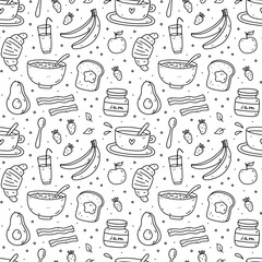 Cute seamless pattern with breakfast food - oatmeal, toast, jam, coffee, croissant, avocado, bacon, fruits. Vector hand-drawn illustration in doodle style. Perfect for print, wrapping paper, wallpaper