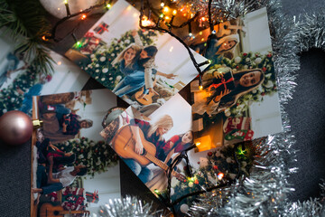 Photos of family against Christmas lights decor background