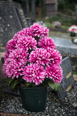 closeup of pink artificial flowers on tomb in cemetery