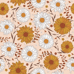 Boho fall flower sunflower daisy vector seamless pattern. Autumn flowers garden background. Halloween floral print.