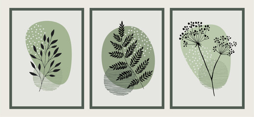 Fototapeta na wymiar Set of three botanical illustrations in minimalist style and green colors for poster, t-shirt print, cover, banner. Printable herbs. Scandinavian style.
