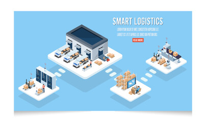 3D isometric Smart logistics concept with Warehouse Logistic, Workers loading products, transportation truck use wireless technoloty. Eps10 vector illustration