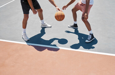 Men, exercise and basketball training, sport and game with basketball player on a court outdoor in summer. Healthy sports people or athlete, workout and fitness people practice for match with ball