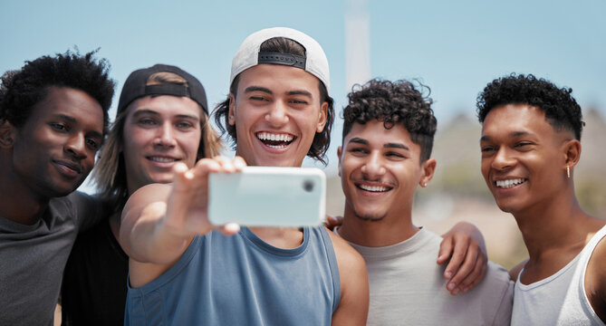 Team, phone and friends with smile for selfie in fun sport, exercise or training together in the outdoors. Group portrait of athletic men smiling for photo in sports fitness with mobile smartphone