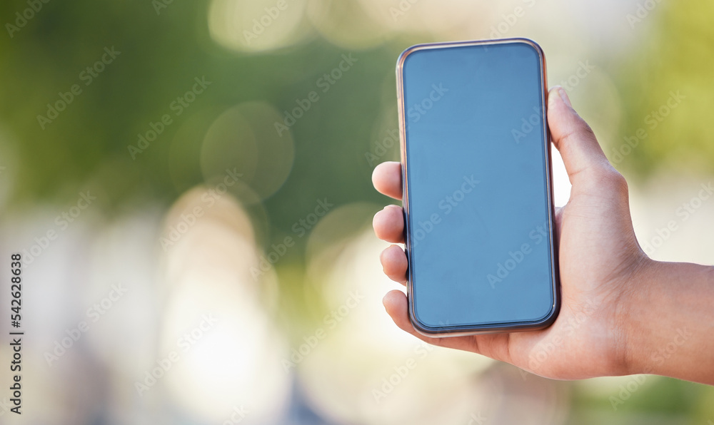 Poster phone green screen, hand or mobile mockup for networking, 5g network or social media app communicati