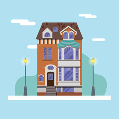 Building with flat design. daylight abstract city. House with lanterns, city and nature in the background.
