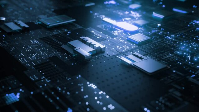 electronic circuit Camera moves sideways. Blue. Futuristic.