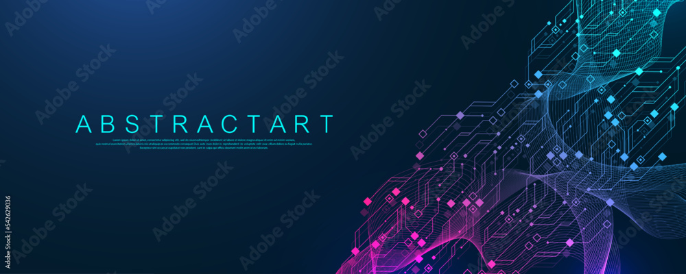 Aufkleber Quantum computer technologies concept. Futuristic blue circuit board background vector. Modern technology circuit board texture background design. Waves flow. Quantum explosion technology.