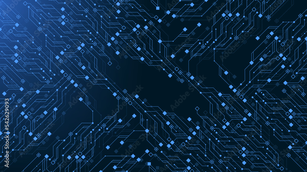 Aufkleber Quantum computer technologies concept. Futuristic blue circuit board background vector. Modern technology circuit board texture background design. Waves flow. Quantum explosion technology.