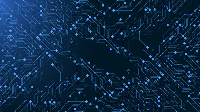 Quantum computer technologies concept. Futuristic blue circuit board background vector. Modern technology circuit board texture background design. Waves flow. Quantum explosion technology.