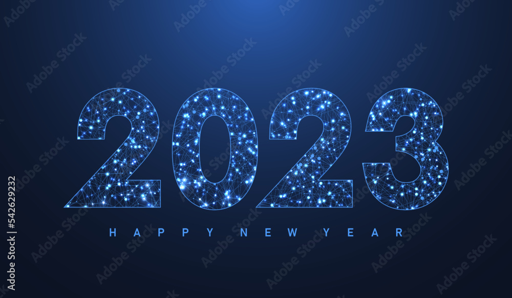 Fototapete Modern futuristic template banner or cover for Merry Christmas and Happy New Year 2023 with connected lines and dots. Plexus geometric effect. Global network connection. Vector illustration.