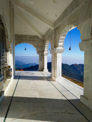 View of Shivalik Mountain range of the Himalayas from the courtyard of the Bhadraj Temple on a hill top of Mussoorie region.