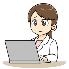 Fototapeta na wymiar 困った顔でパソコンを打ち込む白衣の女性