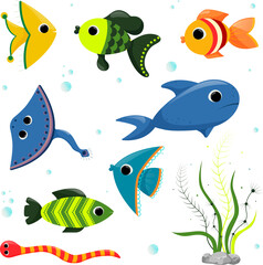A set of different fish and seaweed on a white background. Cartoon style stickers.