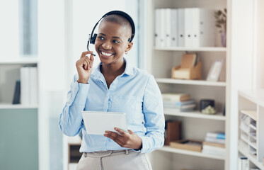 Call center business woman, tablet and communication, customer service consulting and contact us...