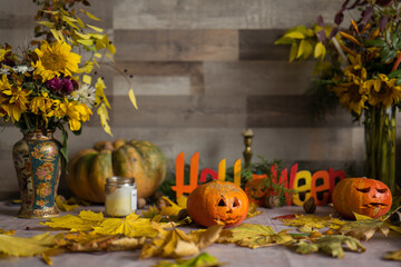 halloween pumpkin head jack lantern on rustic background