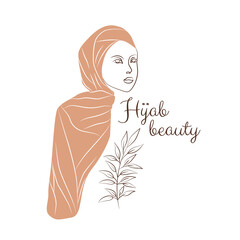 Woman in hijab. Vector logo in minimal style for boutique fashion or business. Female portrait, beautiful woman's face. Hand-drawn line art illustration.
