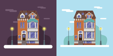 Buildings with flat design. Night and day set of abstract cities. Houses with lanterns, city and nature in the background.