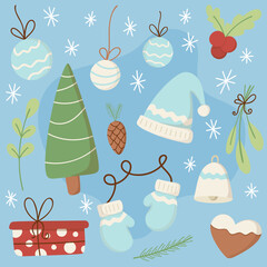 Set of Christmas or New Year cute elements on blue background. Cozy hand drawn vector clip art
