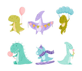 Cute dinosaurs performing outdoor activities set. Dino flying with parachute, riding snowboard, walking, eating lollipop cartoon vector illustration