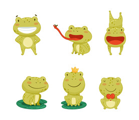 Obraz premium Cute frog cartoon character in everyday activities set. Green funny amphibian animal smiling, jumping, croaking, catching fly vector illustration