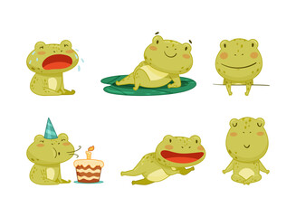Cute frog cartoon character in everyday activities set. Green funny amphibian animal vector illustration