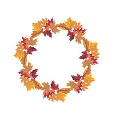 Autumn round frame with golden maple and oak leaves. Vector template illustration.
