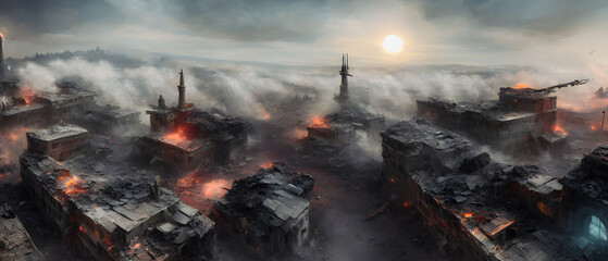 Concept illustration of a destroyed city after war, background illustration.