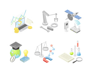 School lesson subjects and science objects set. Education supplies vector illustration