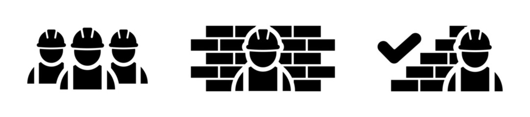 Builder icon in flat style Good job of construction worker symbol isolated on white baclground. Building contractor and brick wall icon in black. Filled sign Vector design for web site, UI, mobile app