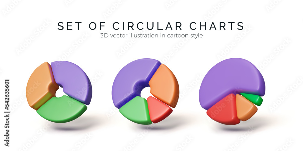 Poster pie charts icons. set of 3d circular graphs. render round diagram for infographics and statistics vi