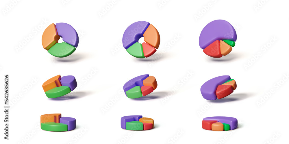 Aufkleber set of 3d pie charts. round diagram render in cartoon realistic style. data presentation for infogra
