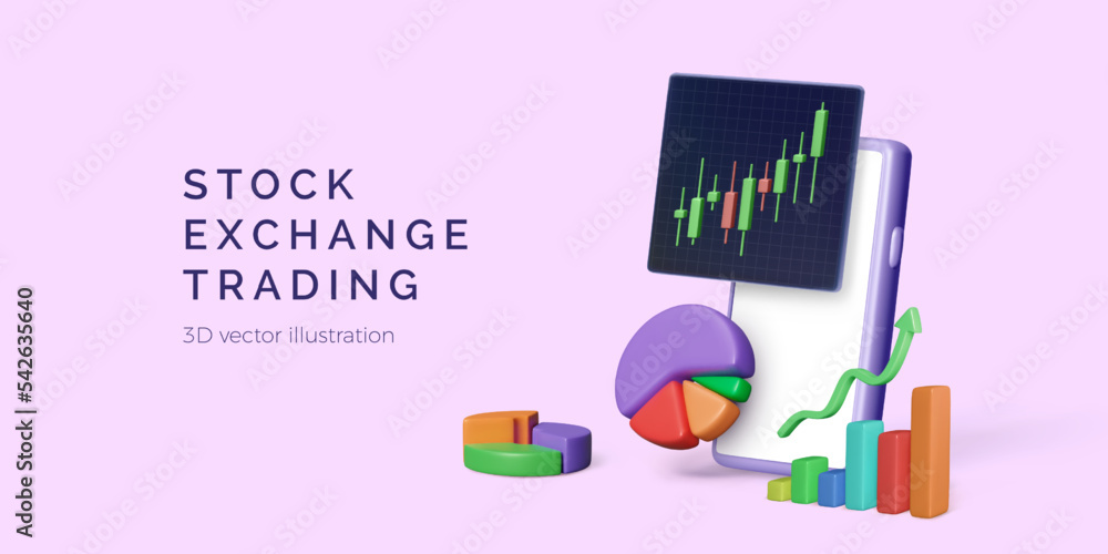Poster stock exchange trading concept. 3d mobile app with candlestick diagram, pie chart and analysis graph