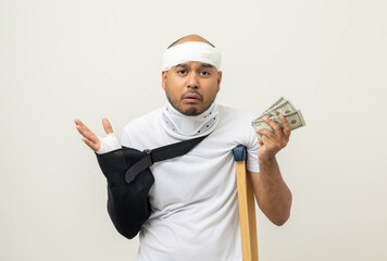 Depressed man suffering from pain counting dollar banknote payment No money to pay for medical...