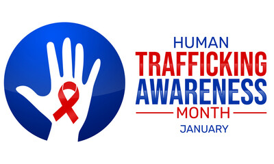 Human Trafficking Awareness Month background with ribbon and hand sign. January is trafficking awareness month, backdrop design