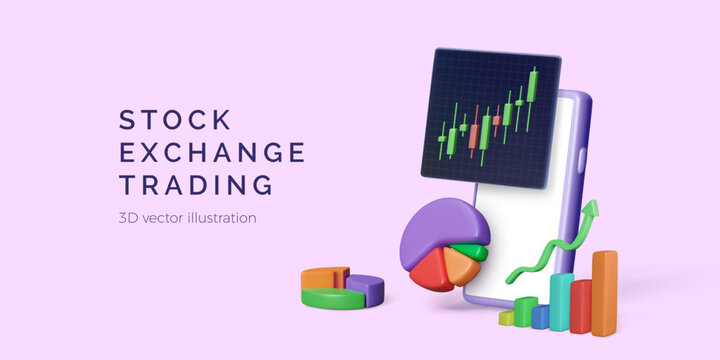 Stock exchange trading concept. 3D mobile app with candlestick diagram, pie chart and analysis graph. Investment and stock market