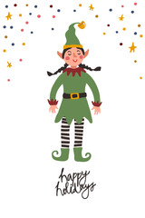Elf with a stars. Funny assistant to Santa Claus. Festive background. Vector illustration.  