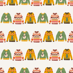 Cute  Ugly Sweater Christmas seamless pattern. Warm knitted jumpers with snowflake, snowman. 