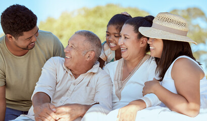Kid, parents and grandparents picnic in park, happy family have fun and spending time together in New Zealand. Nature, love and family, men and women with girl child, generations on summer weekend.