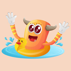 Cute orange monster swimming wearing rubber duck tube