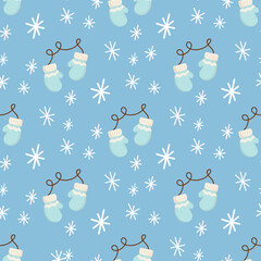 Cute Christmas seamless pattern with Christmas mittens and snowflakes. Hand drawn Vector illustration