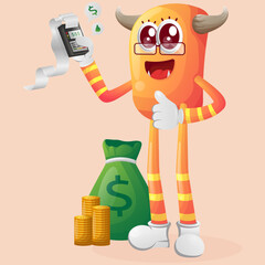 Cute orange monster make a payment