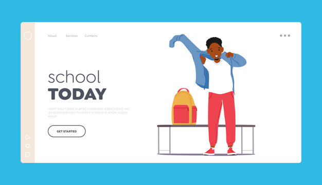 School Today Landing Page Template. Little Black Boy Dress Up Standing At Bench With Rucksack. Schoolboy Change Clothes